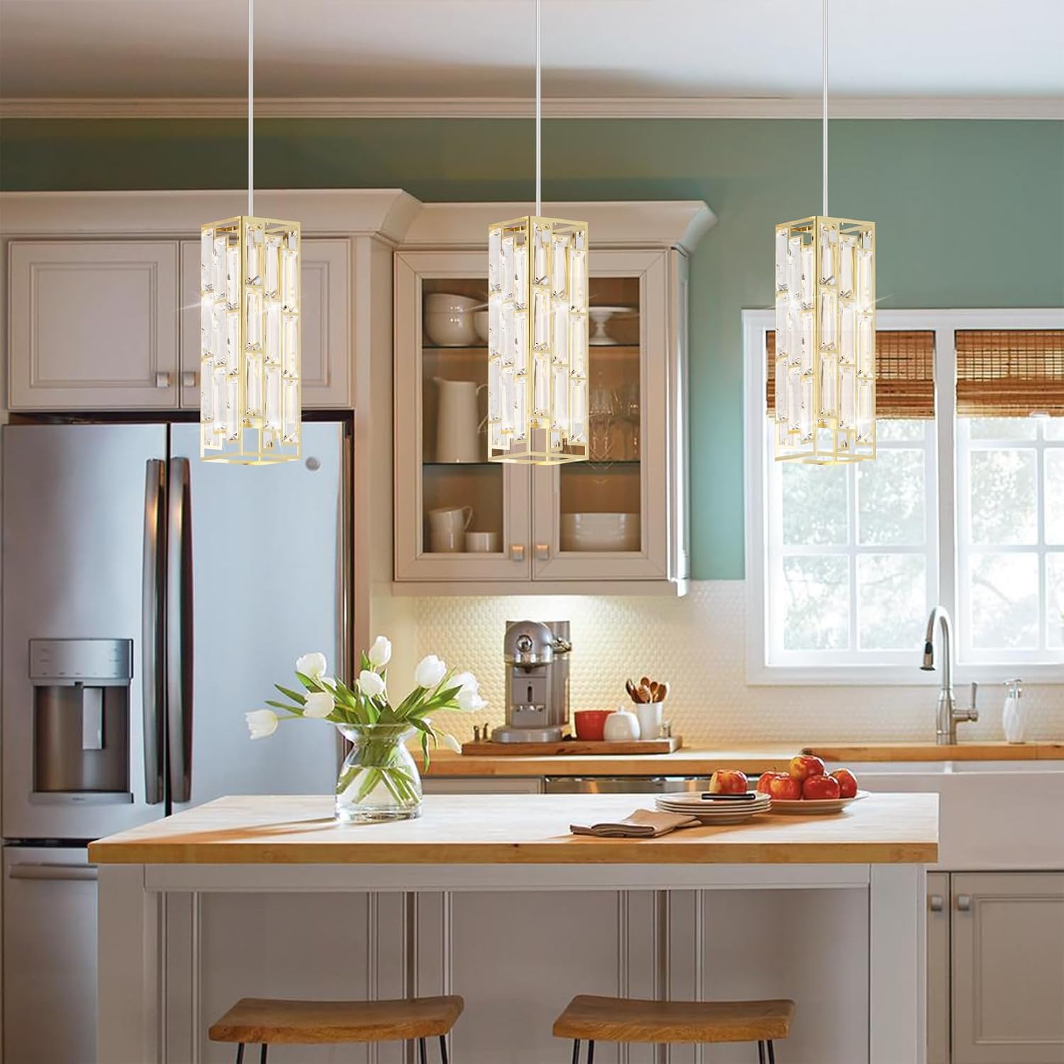 Brass Pendant Lights Modern Pendant Light Fixture, Mini Crystal Pendant Ceiling Light, Pendant Light for Kitchen Island, Dinning Room, Bedroom, Kitchen Sink Lighting (3-Pack)