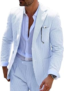 Mrbuerly Men's Blue Seersucker Slim Fit Suit - Lightweight 2-Piece Summer Wedding Groom Formal Jacket & Pants