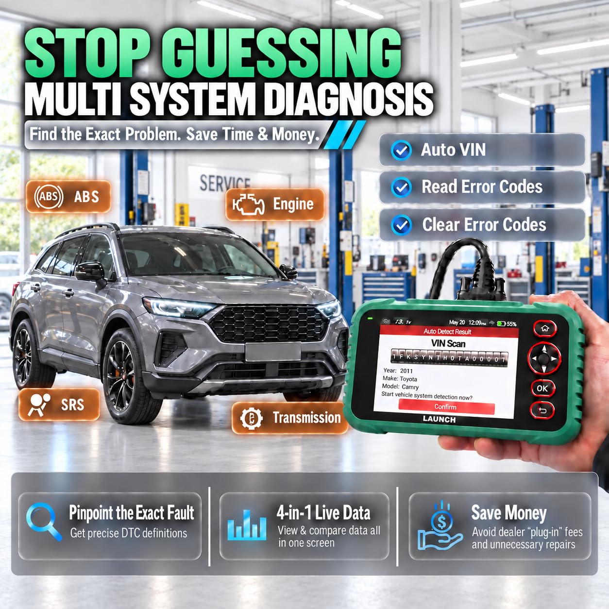LAUNCH CRP129 Expert OBD2 Scanner, strumento diagnostico con 13 servizi di reset, lettore di codici motore di trasmissione ABS SRS, CAN FD e DoIP, FCA AutoAuth SGW, Auto VIN, 64 GB ROM 6000 mAh