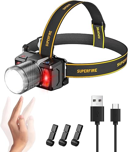 SuperFire HL25 Rechargeable Headlamp, 90° Adjustable, Zoomable, Motion Sensor, for Camping, Hiking, Mechanics