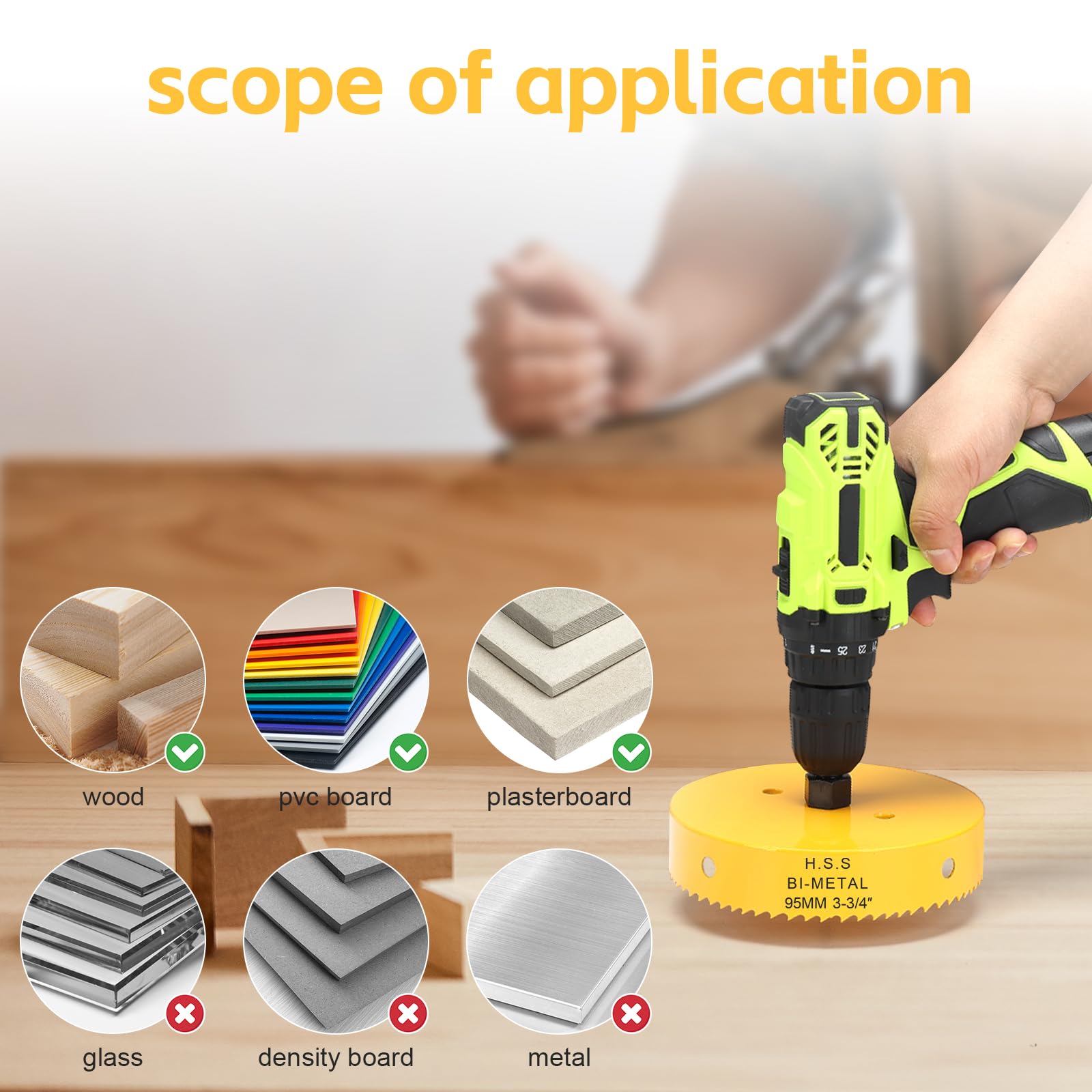 95mm Hole Saw, HSS Bi-Metal Hole Cutter with Drill Bit for Wood Plastic, PVC, Fiberglass and Plasterboard, Yellow - Image 2