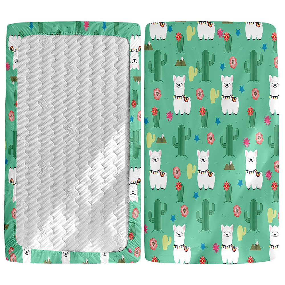 Odot Cot Bed Fitted Sheets, Toddler Baby Travel Cot Sheets, Cute Alpaca Print Microfiber Mattress Protector Cozy Breathable Bedding for Bedside, Cradle, Cribs, Bassinet (95x65cm,Green Cactus)