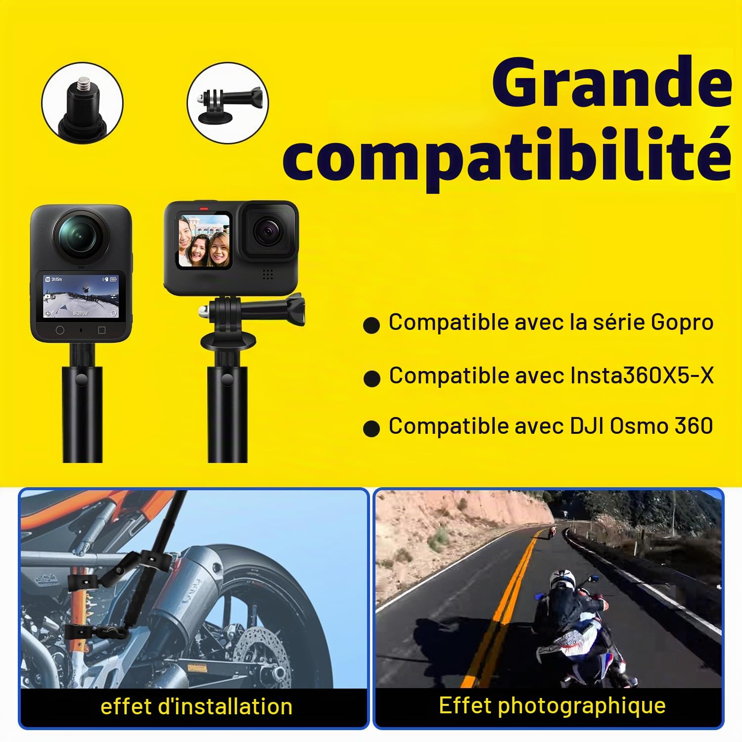 Moto Pince Support avec 47’’ Invisible Bâton Compatible avec Insta360 X5-X