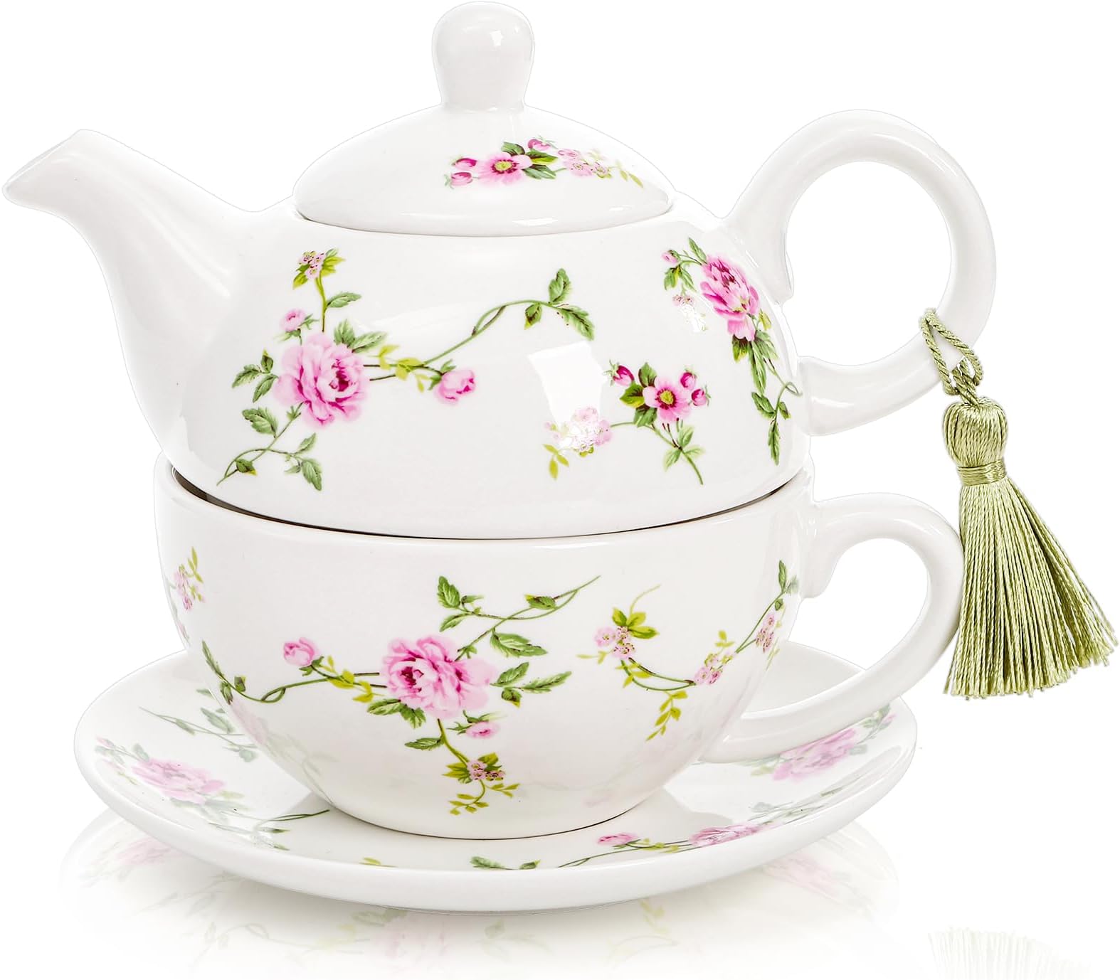 Coloch Tea for One Set, Porcelain Teapot Cup and Saucer Set with Tassel Vintage Floral Ceramic Tea Set for One for Women, Home, Office, Afternoon Tea, Rattan Flower Design