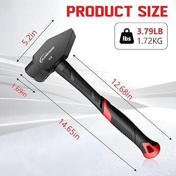 Blacksmith Hammer, 3 lb Cross Pein Hammer with Shock Absorbing and Wedge Face