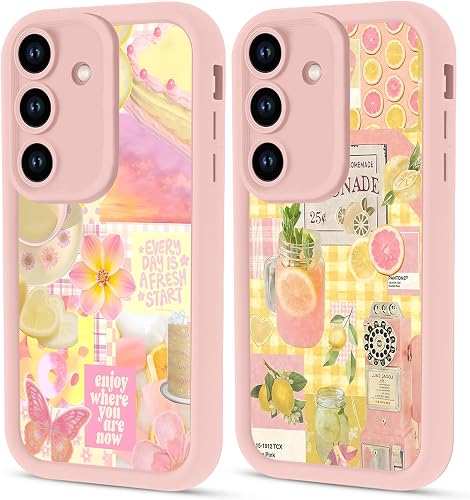 Aoldimu 2 Pack Aesthetics Cute Pink Flower Lemon Collage Phone Case for Samsung 