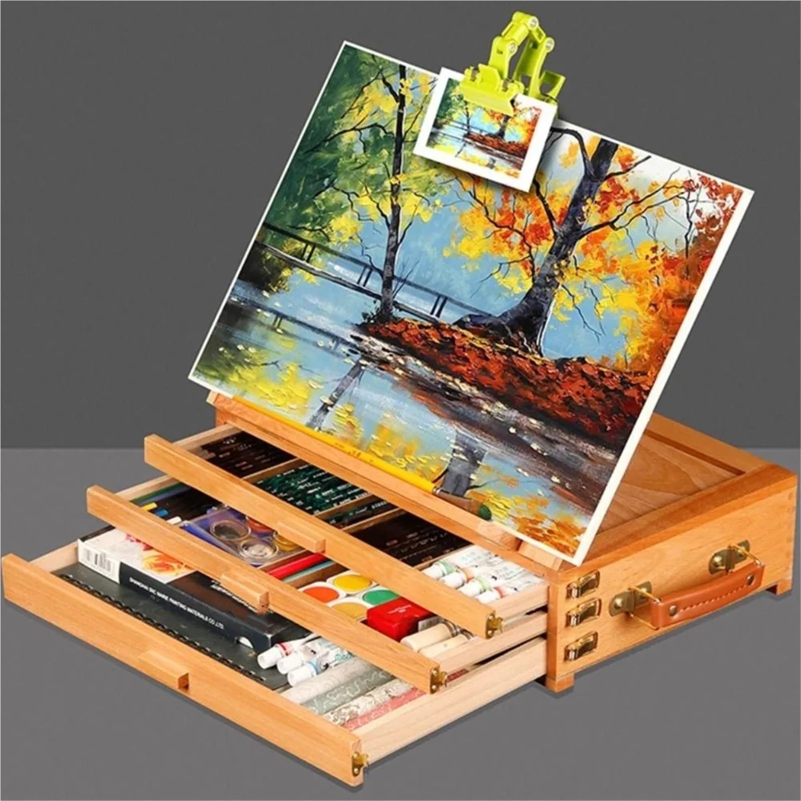 Tragbarer Malkoffer Verstellbare Tischstaffelei aus Buchenholz, multifunktional, for Ölfarben, Kunstmalerei, Staffelei, zusammenklappbar, professionelle Skizzenschublade, Box for unterwegs