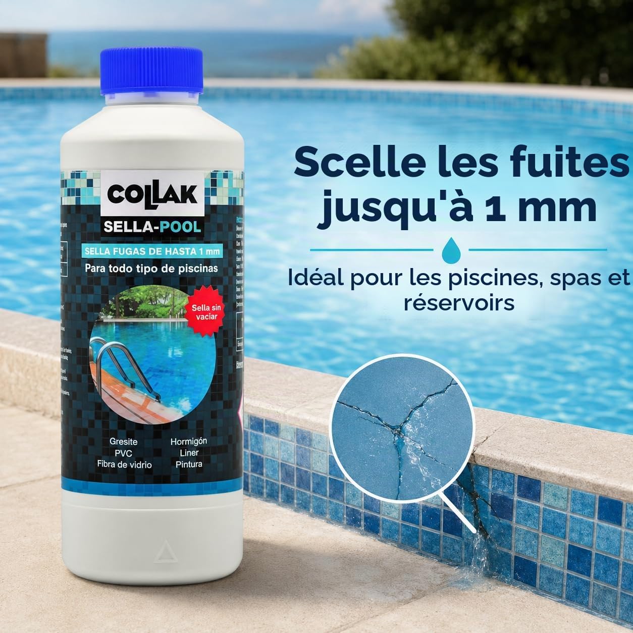 Collak - Scellant de Fuites pour Piscines Scella-Pool 1L – Répare les Fissures sans Vidanger – Compatible avec Liner, Béton, PVC, Fibre, SPA, Réservoirs et Tuyaux – Usage Professionnel et Domestique