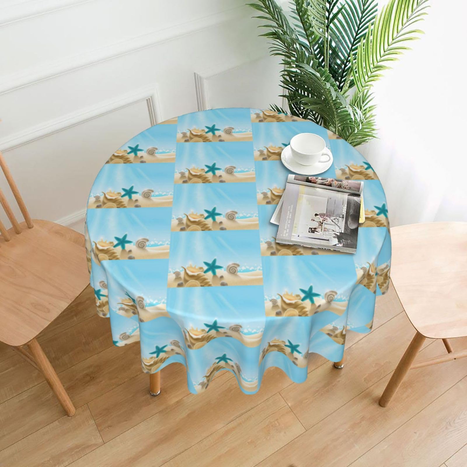 Zcmkjlg Beach Starfish Print Quick Ship Round Tablecloth 60in Polyester Washable Cover for Dining Room