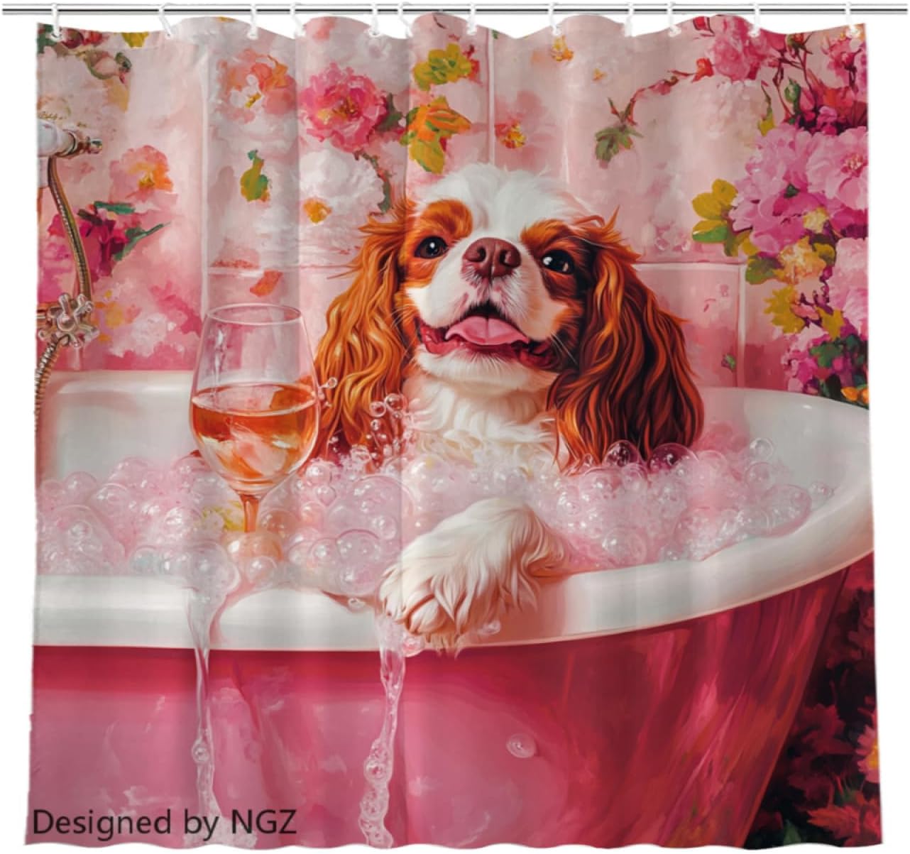 NGZ Funny Cavalier King Charles Spaniel Shower Curtain, SPA Cavalier King Charles Spaniel with Wine, Pink Shower Curtain, 72x72 Inches Floral Shower Curtains for Bathroom, Set with 12 Hooks
