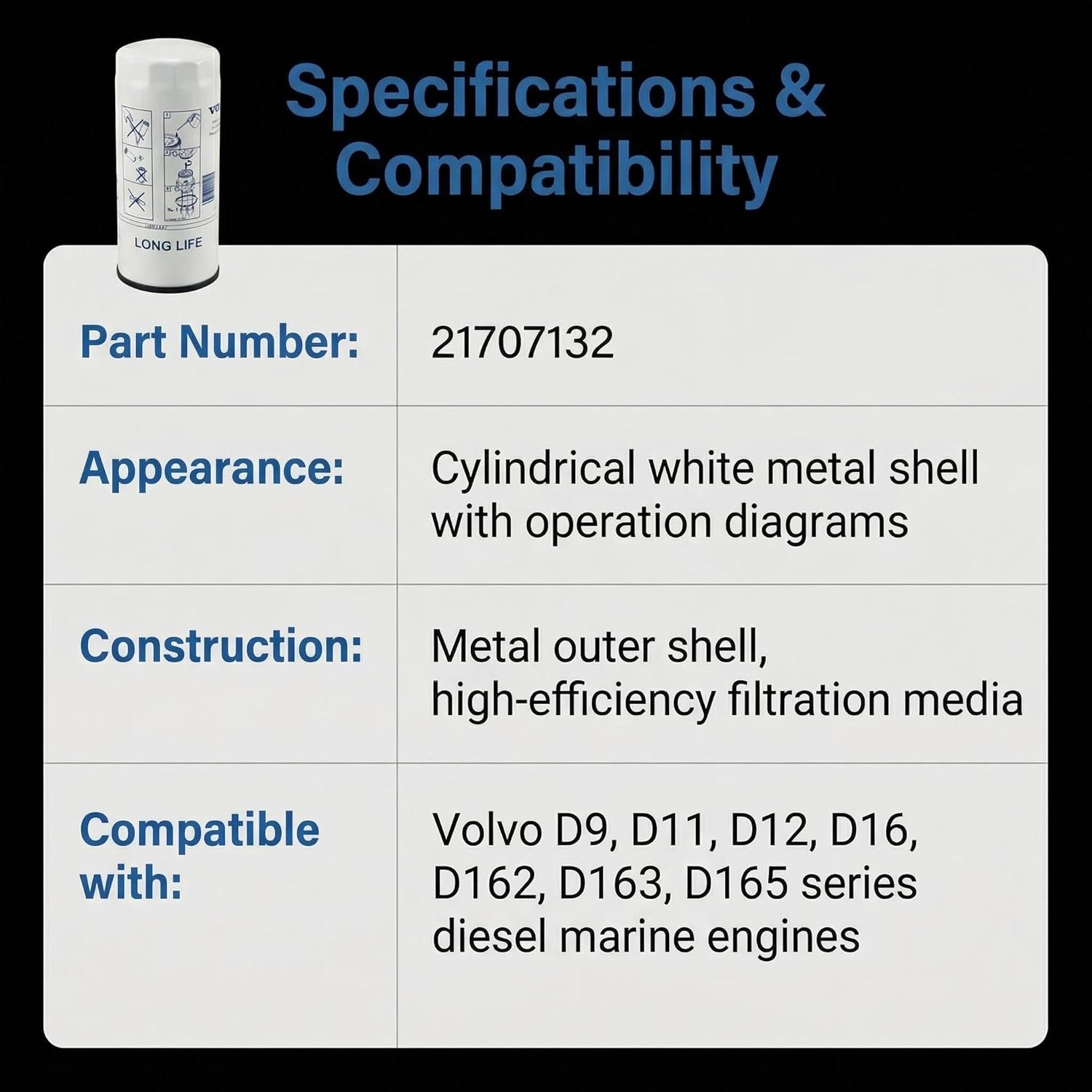 21707132 Oil Filter Compatible with Volvo D9 D11 D12 D16 D162 D163 and D165 series diesel marine engines