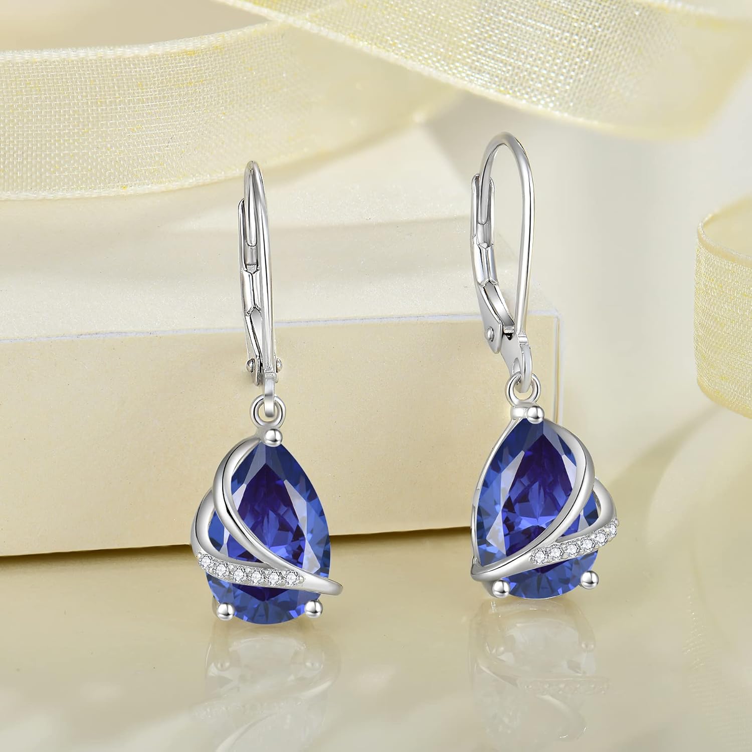 Birthstone Dangle Drop Earrings for Women 925 Sterling Silver Teardrop Leverback Earrings Jewelry Gifts for Wife Mother Her - Image 3