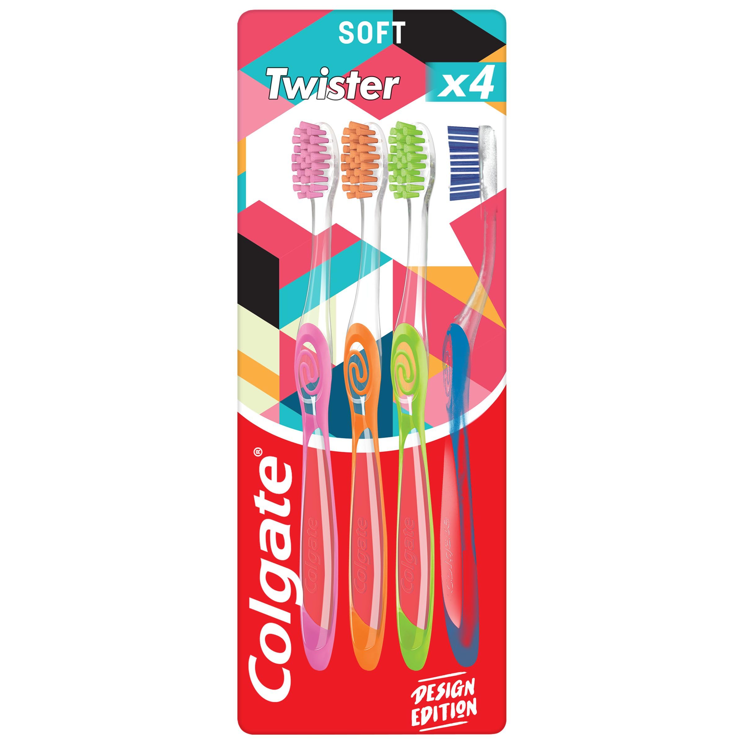 Colgate Twister Fresh Design Edition Soft Manual Toothbrush 4pk, multidimensional Cleaning, removes Odour-Causing Bacteria, Cleans in Between Teeth and Along gumline, Cleans deep for Fresher Breath
