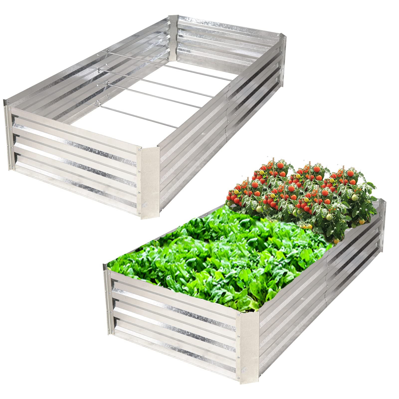 FORTUNO 2 Pcs 6Ã—3Ã—1 FT Galvanized Raised Garden Beds 71"x35.5"x12" Patio Ground Gardening Planter for Vegetables Large Metal Raised Box Steel Kit Flower Herb, Silver