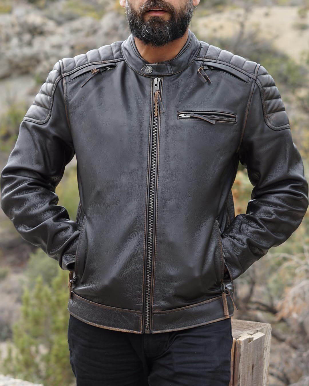 First Mfg Co - Crusader - Men's Motorcycle Biker Riding Brown Beige Leather Jacket Action Back Armor Pockets Vented - Image 2