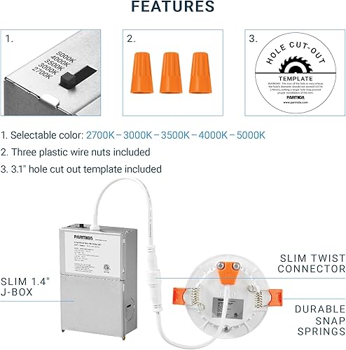 Miniatura 5 de PARMIDA - Paquete de 12 luces LED empotrables de 3 pulgadas regulables 5CCT ultrafina con caja de conexiones, 5 colores seleccionables