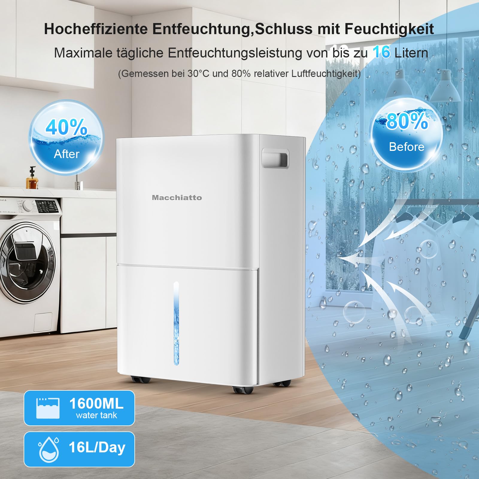 Macchiatto Elektrischer Luftentfeuchter Kompakt für bis zu 80m³(32m²) Räume Automatischer Betrieb,mit Universalrad und 1M Ablaufschlauch Ideal für Wohnung, Keller,Badezimmer