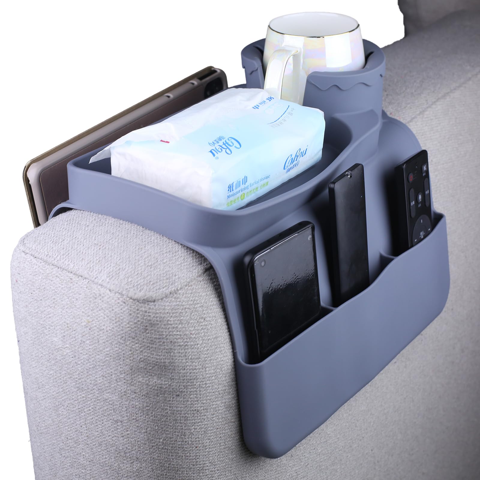 DLBTWDOYLS Silicone Sofa Cup Holder Tray, Non-slip Sofa Armrest Cup Holder with Side Pockets, Multi-functional Sofa Armrest Organiser, for Mobile Phones, Snacks, Various Cups ﻿ (grey)