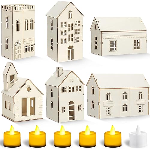Weysat 6 Pieces Large Christmas Village Set Christmas Wooden Houses with LED for Crafts Xmas Town Large Wooden Village Buildings for Crafts Xmas Decor (Countryside)