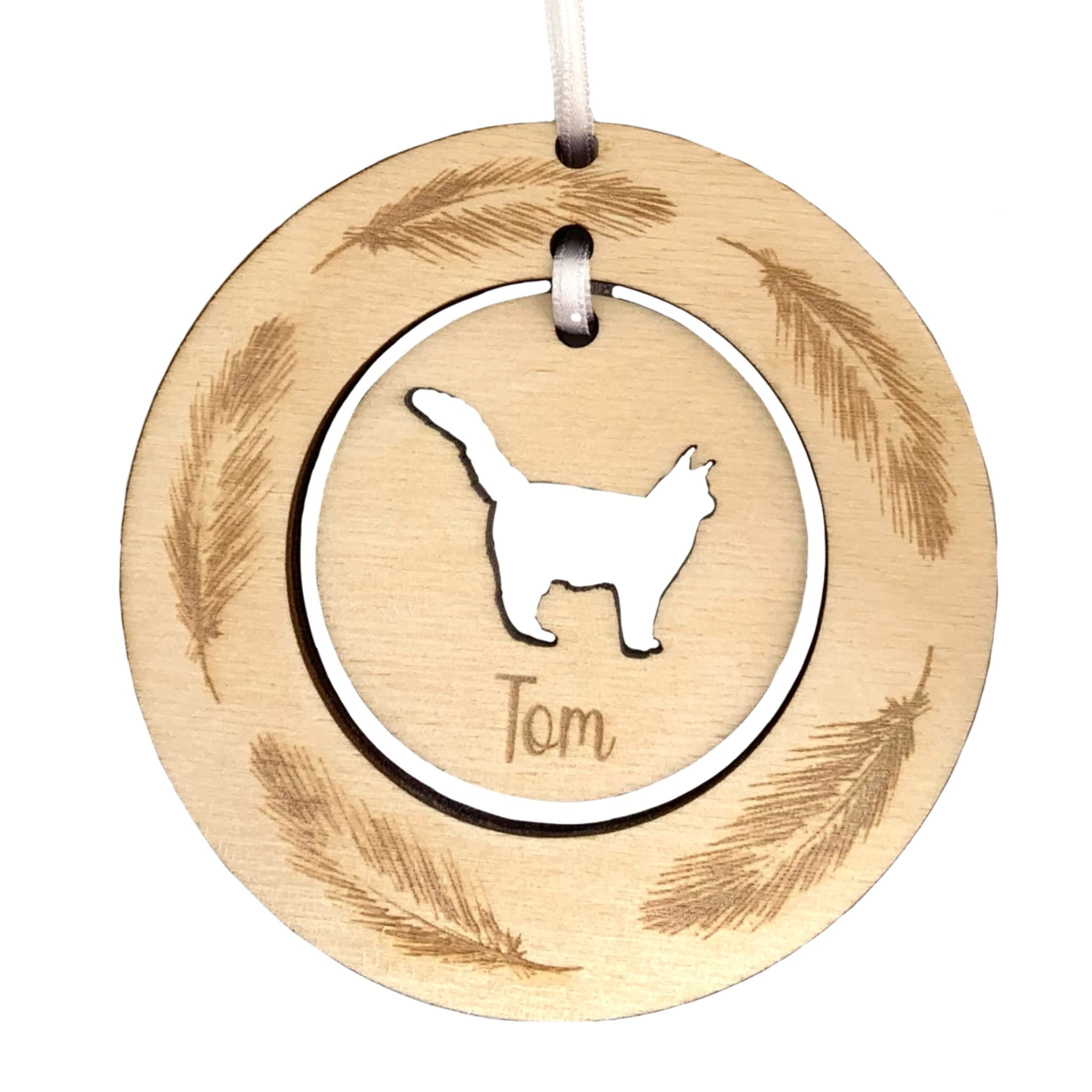 Personalised Maine Coon Cat Hanging Decoration with Feather Wreath, Christmas Tree Ornament, Remembrance Xmas Gift, Memorial Wooden Bauble, Custom In memory of Cat, Kittens