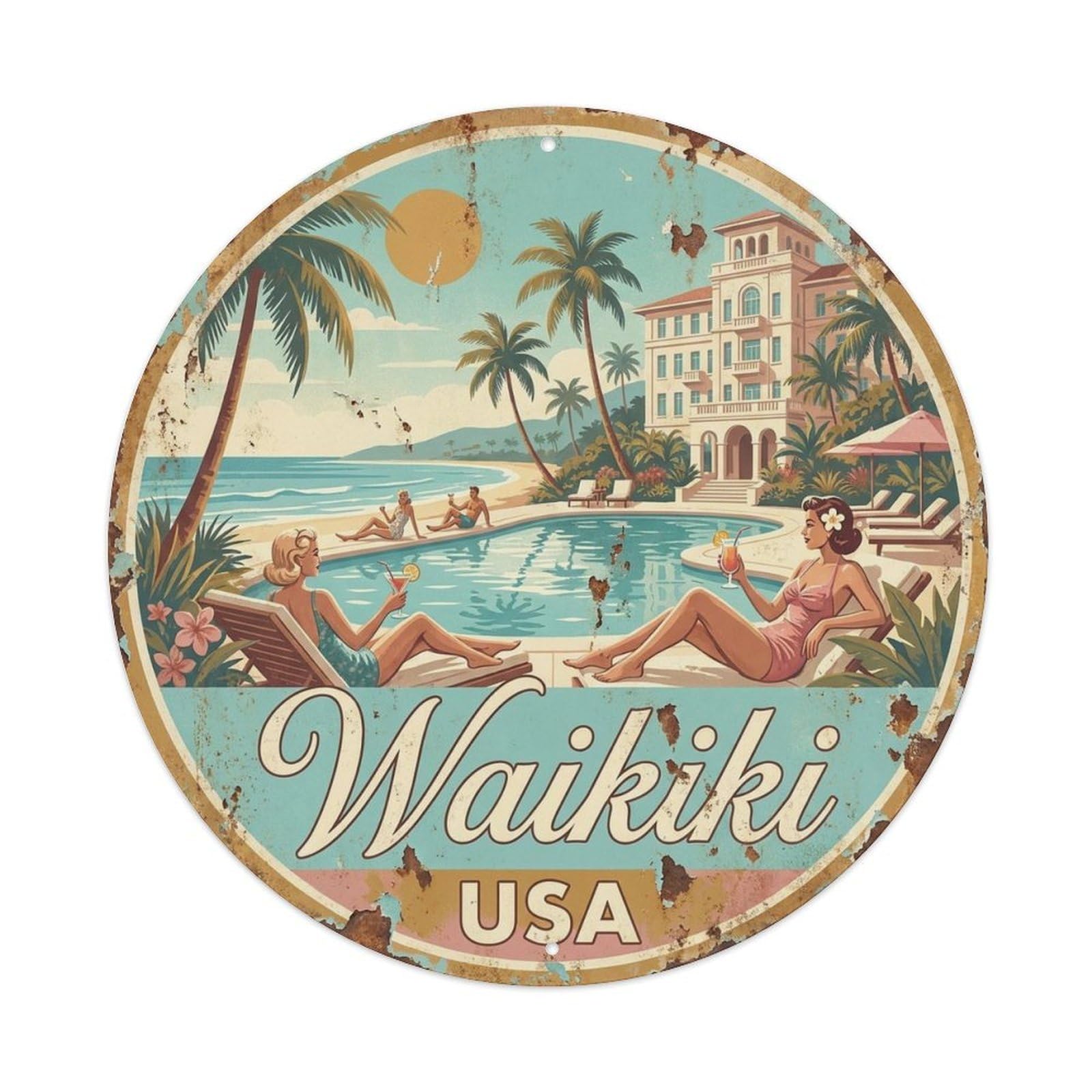 Waikiki Hawaii Island Travel Beach Destination Metal Tin Sign