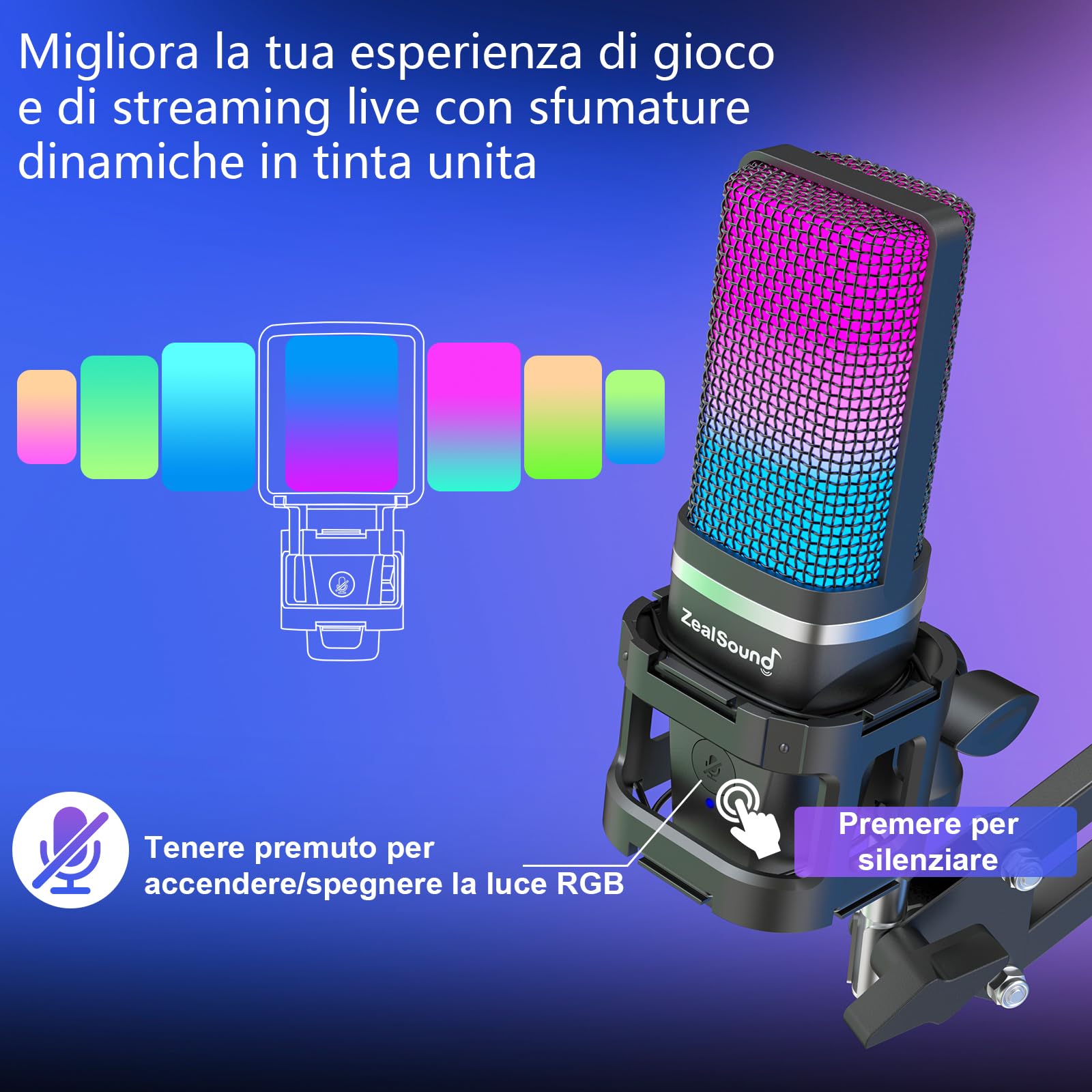 zealsound Set di microfoni USB, RGB microfono condensatore, RGB Gaming, microfono per PC, supporto a braccio incluso, cardioide, mute, YouTube/Zoom, live streaming, online, Android/Windows/macOS/PS