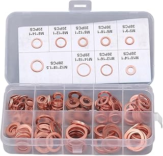 Oil Drain Plug Washer Kit 200Pcs Heat Treated Red Copper Gasket Set 9 Sizes for Automotive Engine Oil Pan Sealing M5 M6 M8 M10 M12 M14