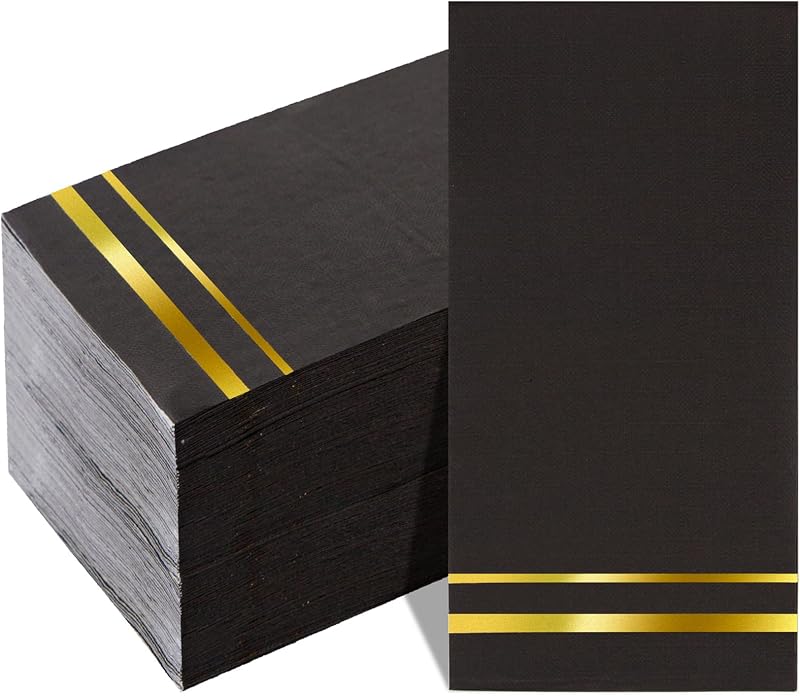 BUCLA 100 servilletas de 3 capas negras y doradas – Servilletas de papel negro desechables de calidad premium, desechables suaves, absorbentes para fiestas, bodas, cocina y graduación