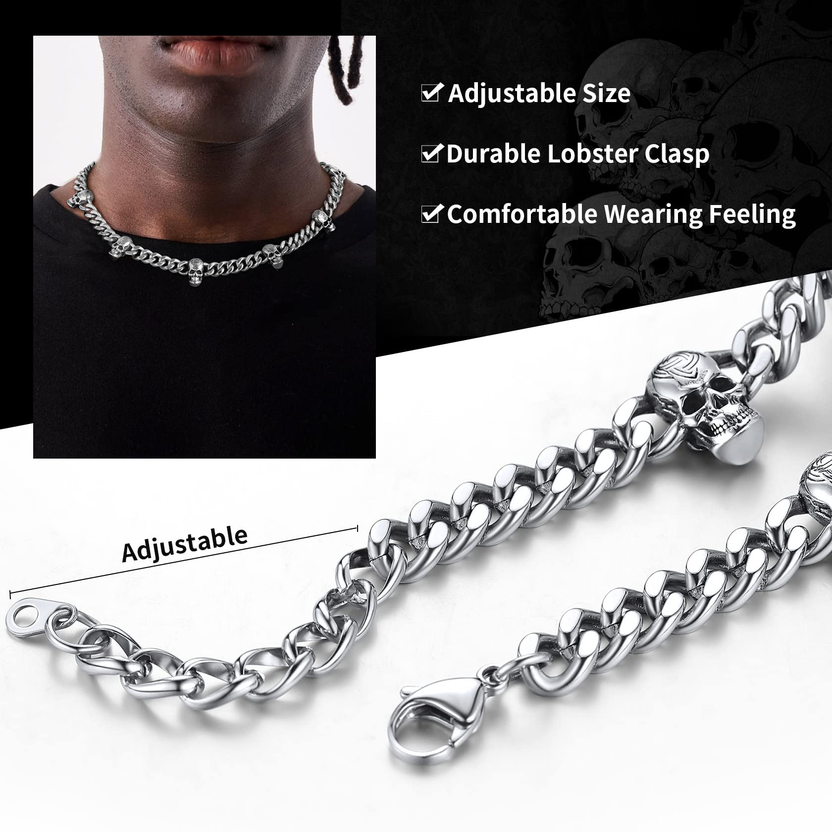 ChainsHouse Collana Catena Spessa da Uomo Metal Choker Collana Cubana Classcia con Spina Teschio StileTribale Punk Rock Gotico Larghezza 9mm Collana Corta Figo Hiphop Moda