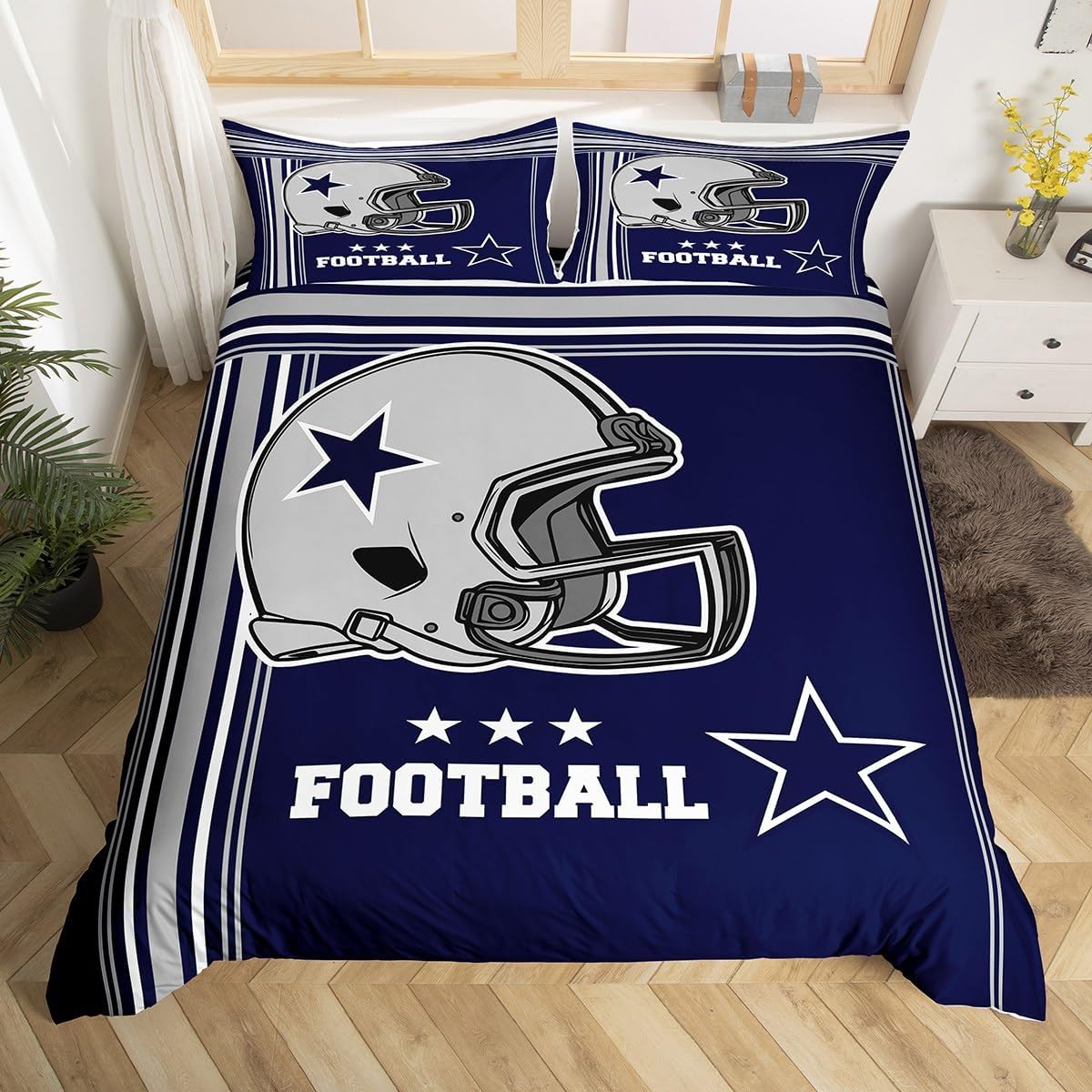 American Football Duvet Cover Set King Size,Western Texas Star Cowboy Football Sports Bedding Set,Boys Men Room Decor,Rugby Helmet Geometric Stripes Comforter Cover,Blue Quilt Cover,2 Pillowcases