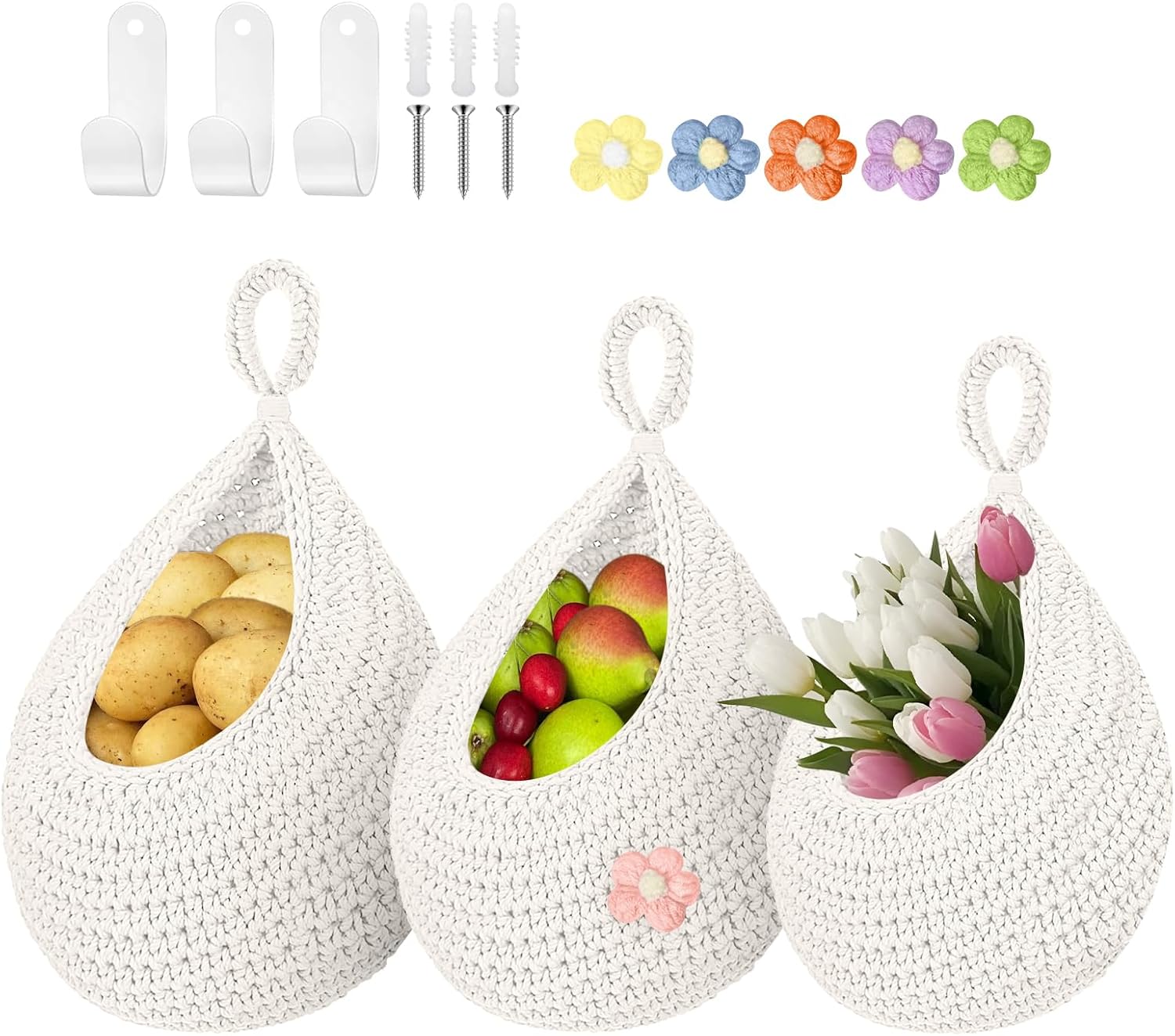 Boho Hanging Fruit Baskets for Kitchen with Hooks and Deco Flowers, 3 Pack handwoven Cotton hanging basket, Wall Basket for Vegetable Potato Onion Home Produce Storage (white)