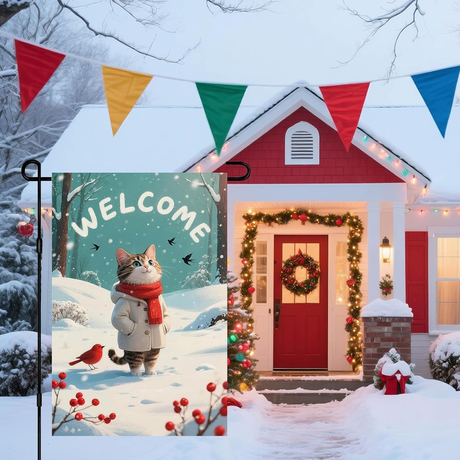 IVN Winter Welcome Garden Flag 12x18 Inch Tabby Cat in Beige Coat Red Scarf with Snowfall Pine Trees and Red Berries Flag Double Sided Outdoor Yard Banner for Porch Lawn Patio Decor Christmas - Image 9
