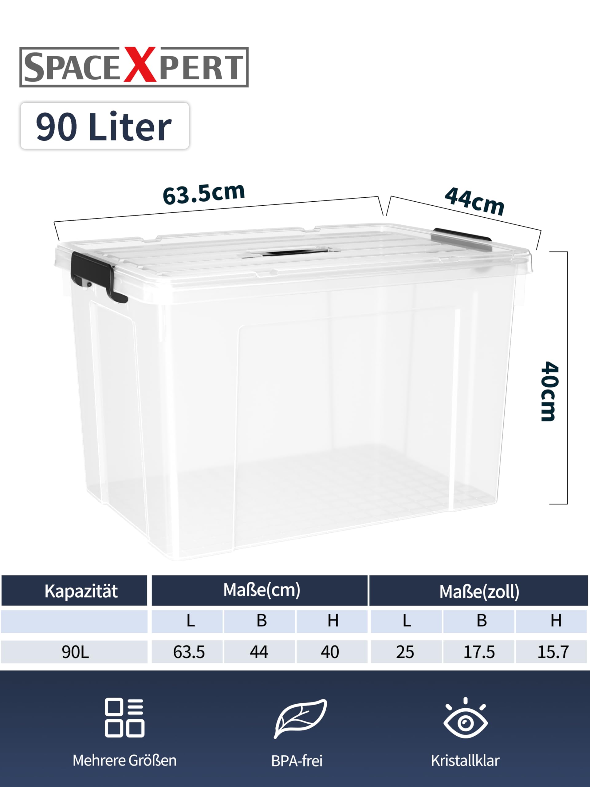 Scatole Portaoggetti, Casse di stoccaggio 90L, Contenitori in Plastica con Coperchio e Maniglia, Trasparente, Impilabile, Facile da Trasportare, per Casa, Ufficio e Garage, 90L, Set di 4