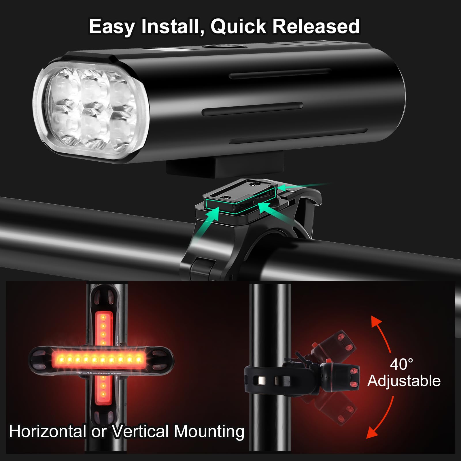 Lampe Vélo Tellegante BSL300B – 6 LED Puissantes – Avant Et Arrière – Rechargeable USB