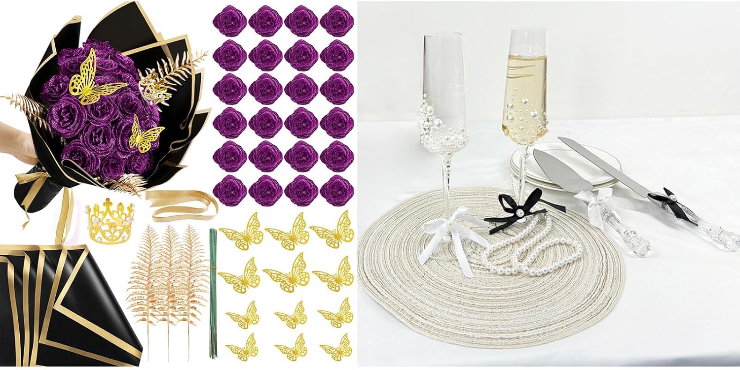 SEMONONIA 24 Pack DIY Glitter Roses Bouquet Purple & 4