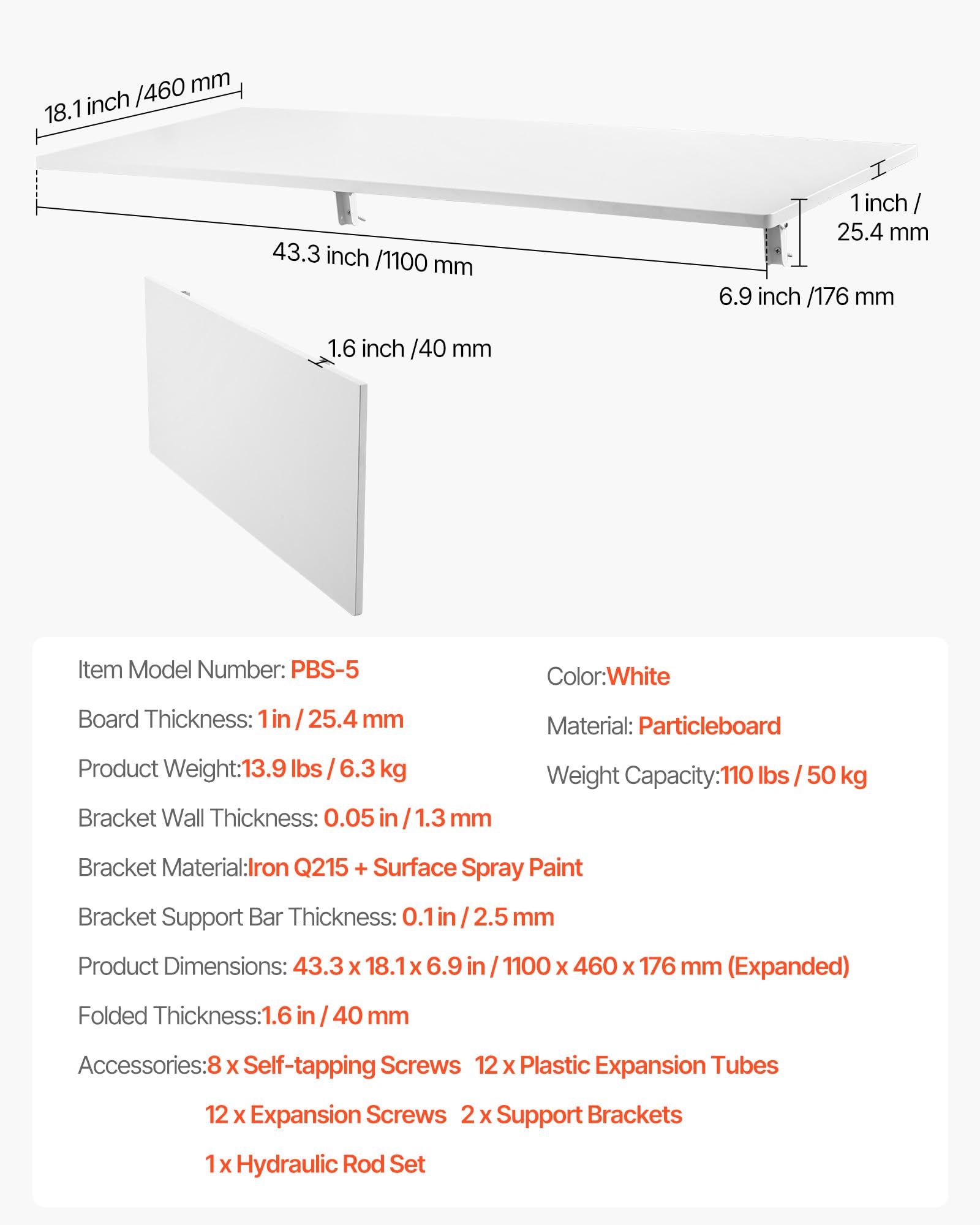 VEVOR Wandgemonteerde klaptafel, 110 cm x 46 cm wandmontage drop leaf tafel, drijvend bureau met ijzeren beugel, neerklapbaar bureau voor kleine ruimtes, thuiskantoor, eetkamer, wasruimte, keuken