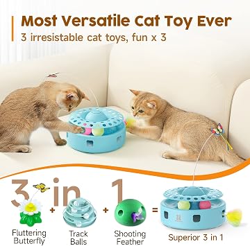 Potaroma Cat Toys 3-in-1 Automatic Interactive Kitten Toy, Fluttering Butterfly, Random Moving Ambush Feather, Track Balls, Dual Power Supplies, USB Powered, Indoor Exercise Cat Kicker (Blue) | Fluttering Butterfly, Random Moving Feather, Balls, Dual Power Supplies, USB Powered, Indoor Kitty Exercise Kicker (Blue)