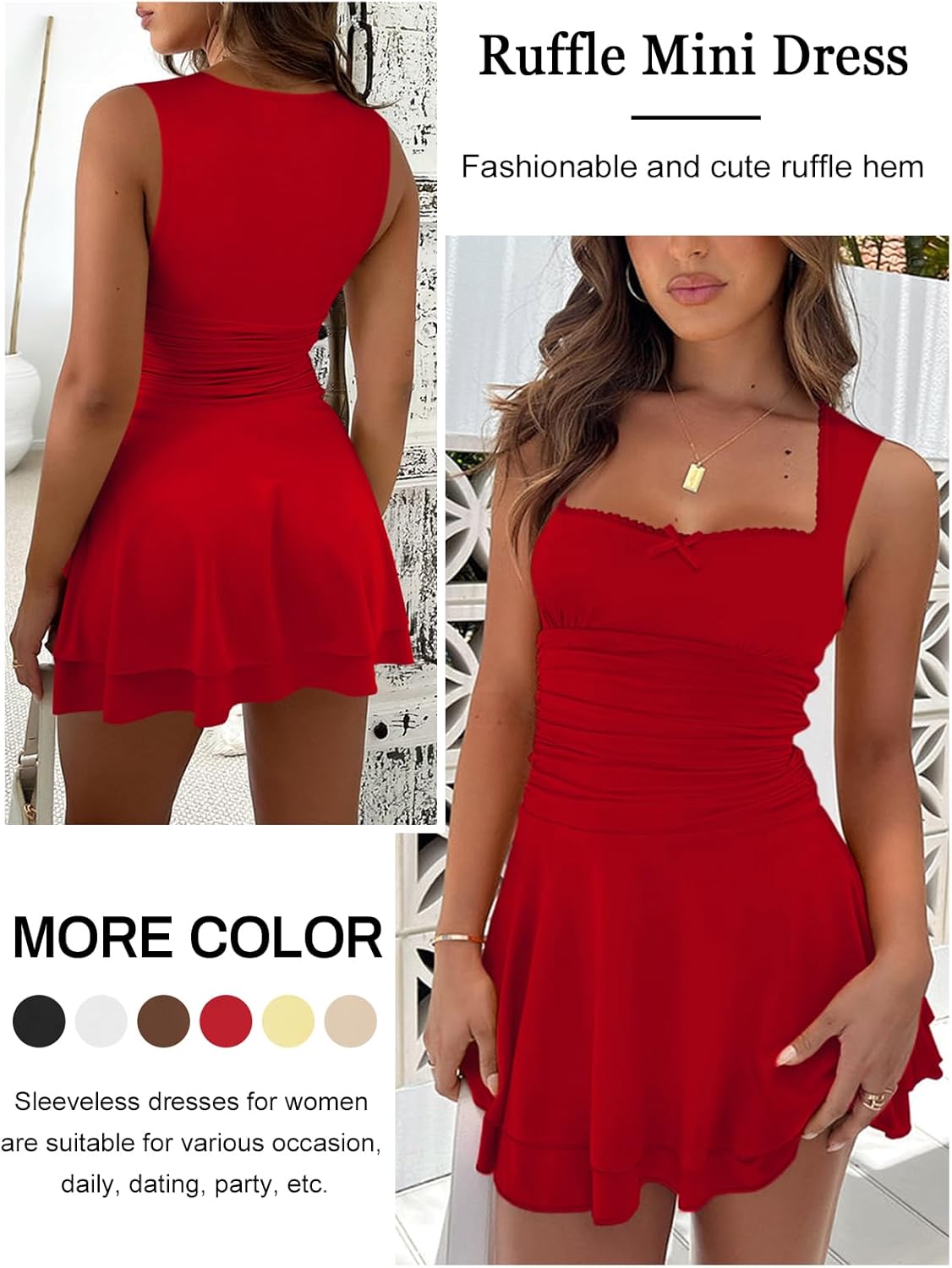 Women's Square Neck Ruffle Hem Mini Dresses Ruched Waist Slim Sleeveless Corset Dress for Women Short Party Dress - Image 3