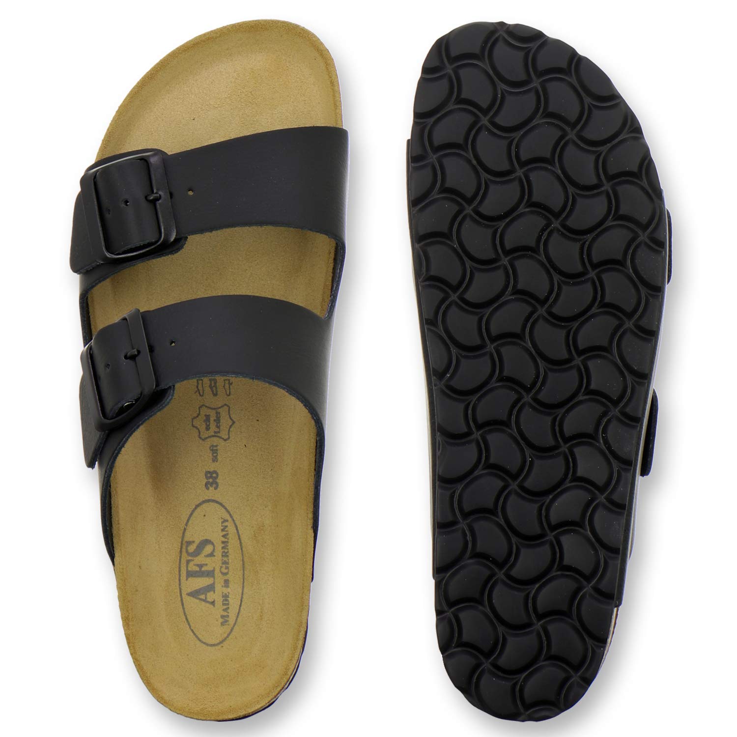 AFS-Schuhe 2100 - Chanclas cómodas para mujer de piel auténtica, prácticas zapatillas de trabajo, zapatillas de estar por casa, hechas a mano en Alemania, color Negro, talla 42 EU
