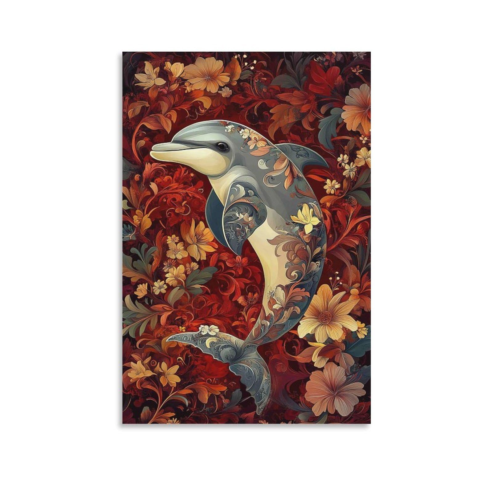 DHBANEIOK Dolphin Floral Art Poster Artwork Giclee Canvas Prints Modern Wall Art Picture Wall Hanging for Bathroom Wall Decor 12x18inch(30x45cm)