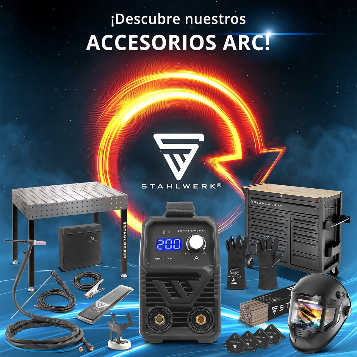 STAHLWERK Soldadora FLUX 160 ST Digital – Equipo completo – Máquina de soldar combinada 3 en 1 con 160 A, soldadura con hilo hueco sin gas protector, MMA/Electrodo, Lift-TIG (DC), sinérgico