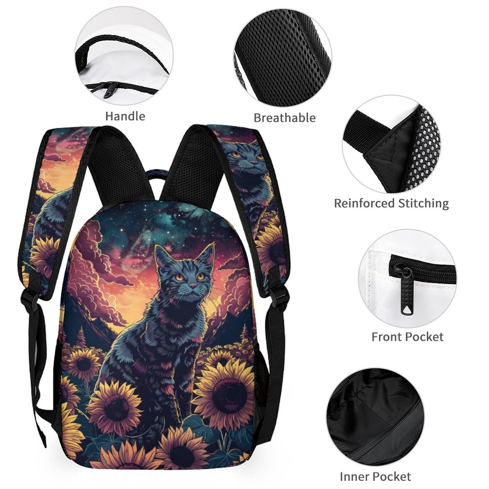 Ensemble Sac d'École Chaton CP CE1 pour Garçon Fille, Cartable Chat avec Sac Déjeuner et Trousse Élèves