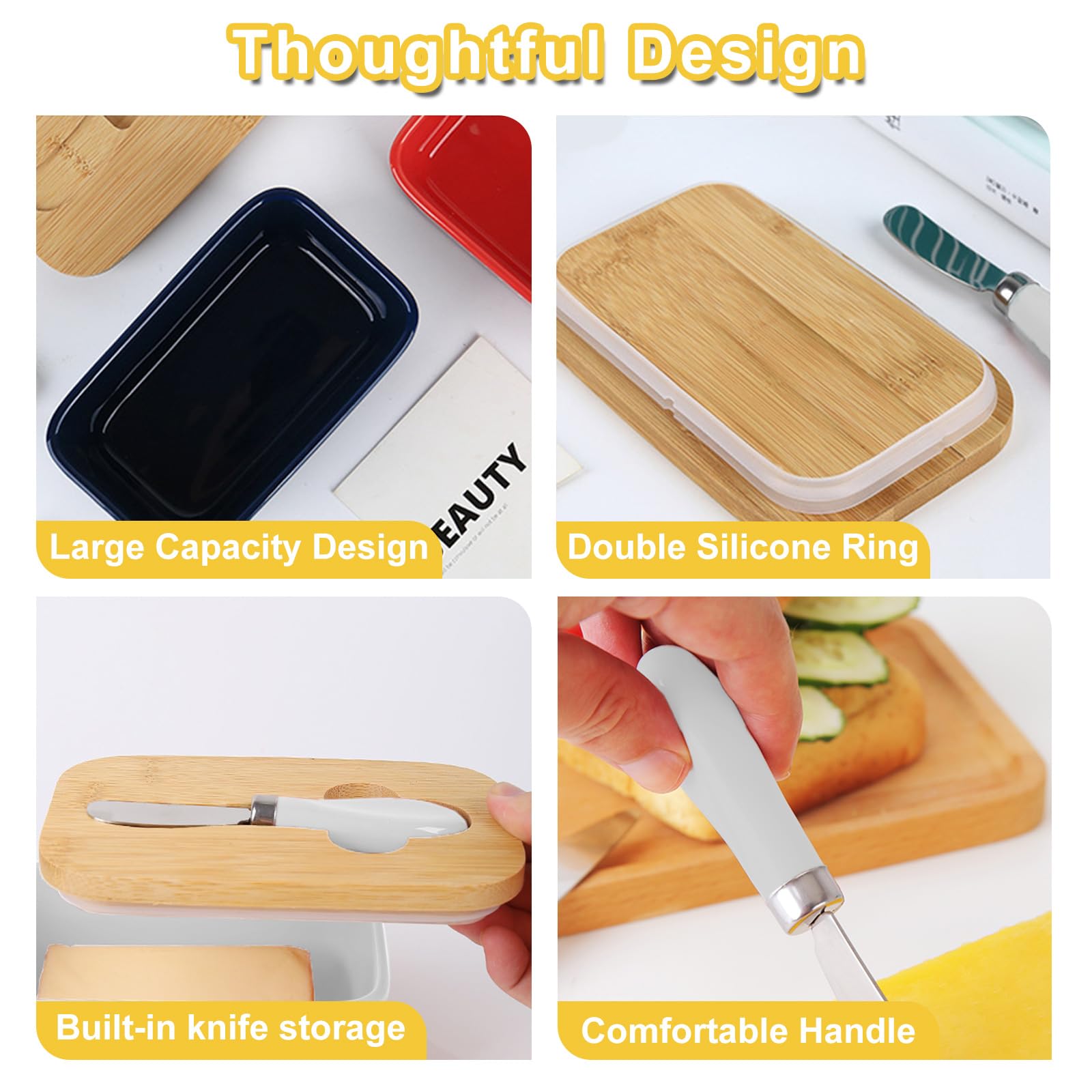 Kitchenexus Ceramic Butter Keeper with Bamboo Lid & Steel Knife - Porcelain Bowl Holder Perfect for West or East Coast Butter 2