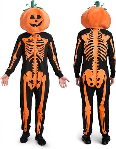 Tipsy Elves Men's Skeleton Halloween Costume - Orange Bones Jumpsuit w/Plush Pum