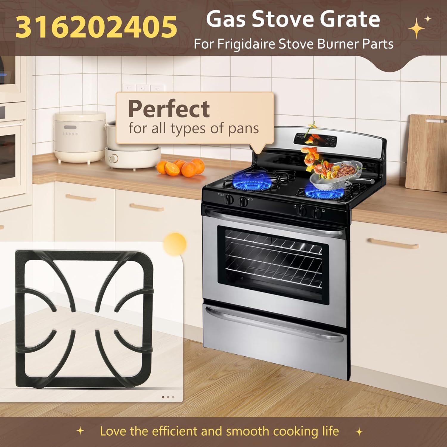 316202405 Grate (4 pcs) for Frigidaire Gas Stove Burner Square Grate Kenmore Gas Range Stove Burner Grates Parts Replacement, Burner Pot Holder Cast Iron Grate，Gas Cooktop Parts Stove Top Grate