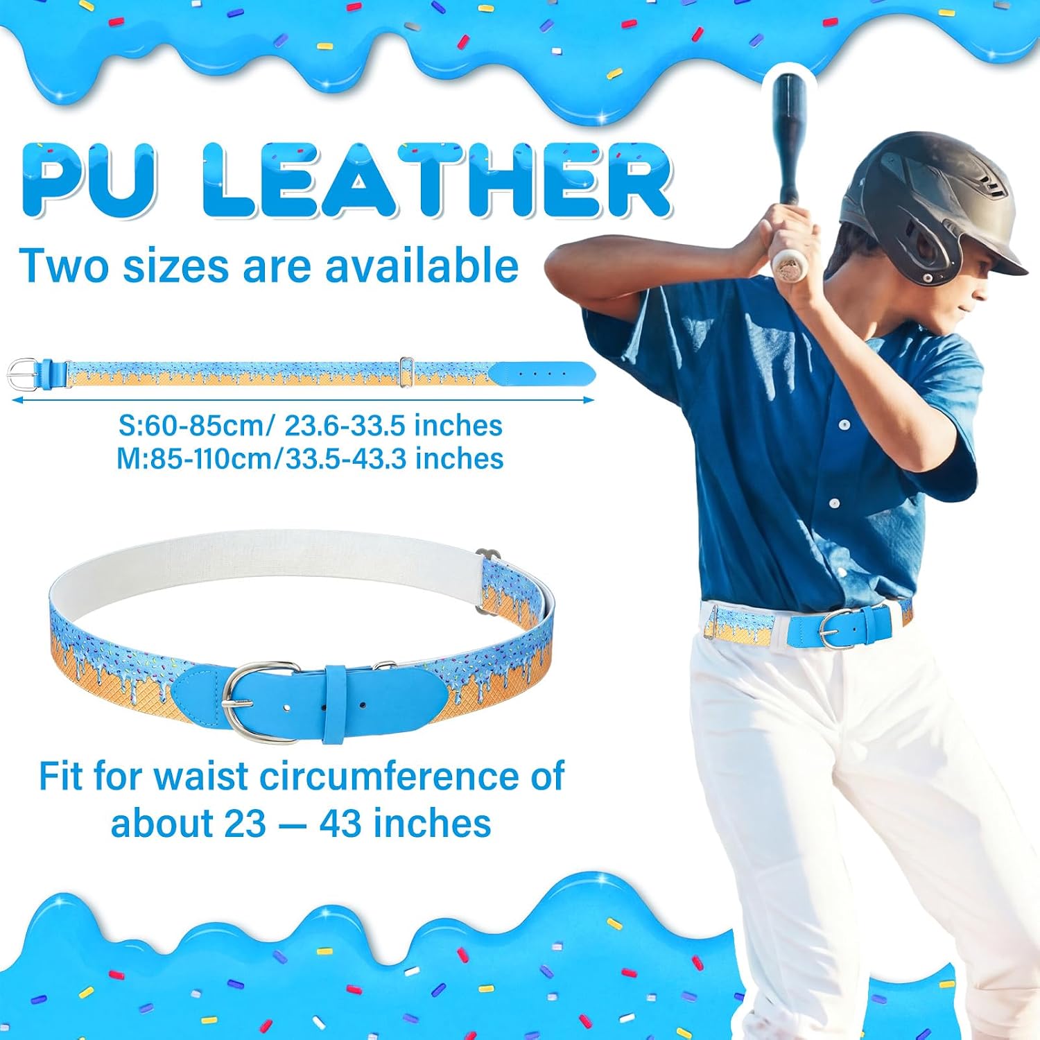 Ice Cream Drip Baseball/Softball Belt, Adult/Youth Adjustable PU Leather Elastic Waist Belt