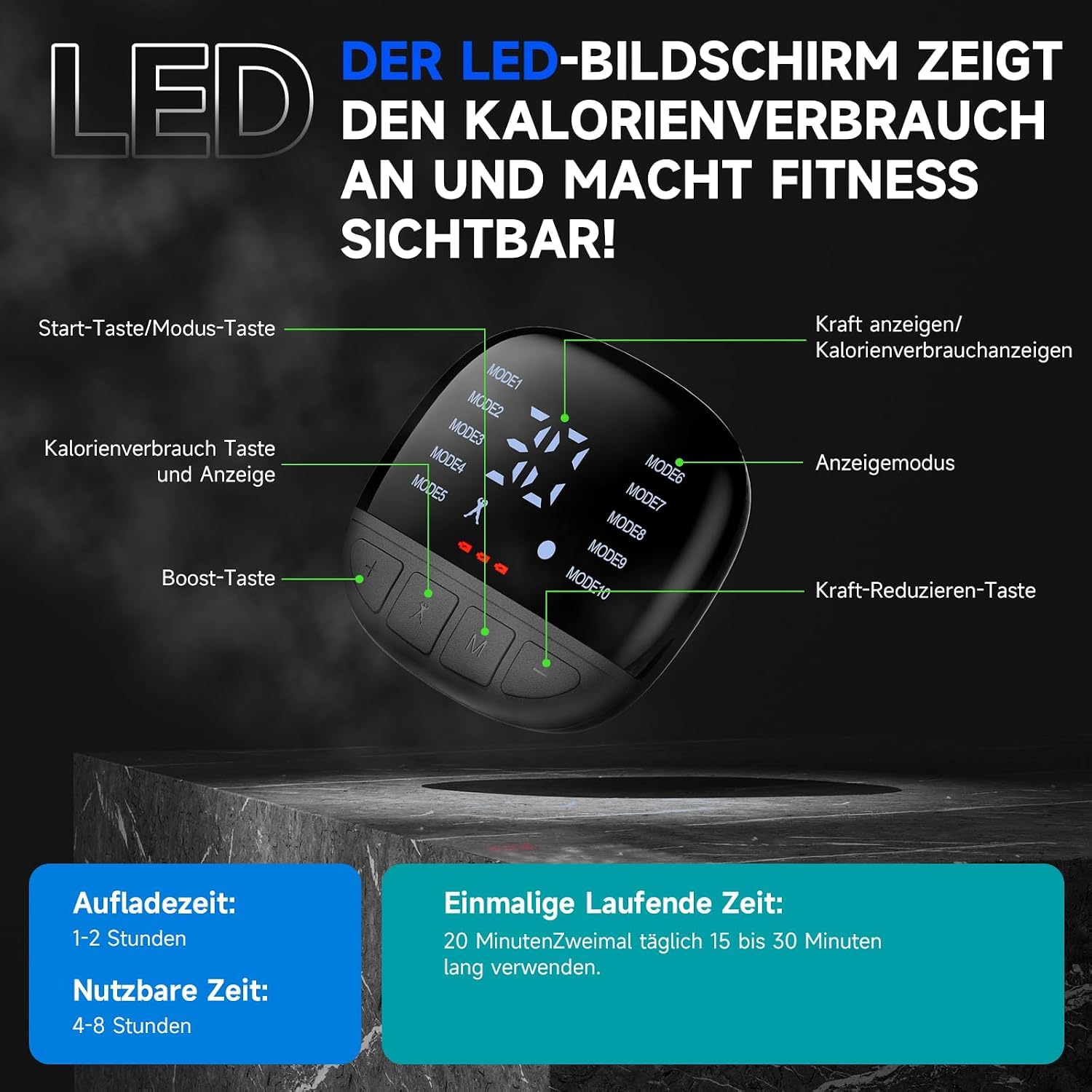 EMS Bauchmuskeltrainer, 10 Modi, 30 Stufen, LED, USB-aufladbar