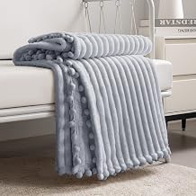 DISSA Fleece Blanket Queen Size 90x90, Grey Soft, Plush, Fluffy, Fuzzy, Warm, Cozy Perfect Throw for Couch, Bed, Sofa - with Pompom Fringe - Flannel Blanket