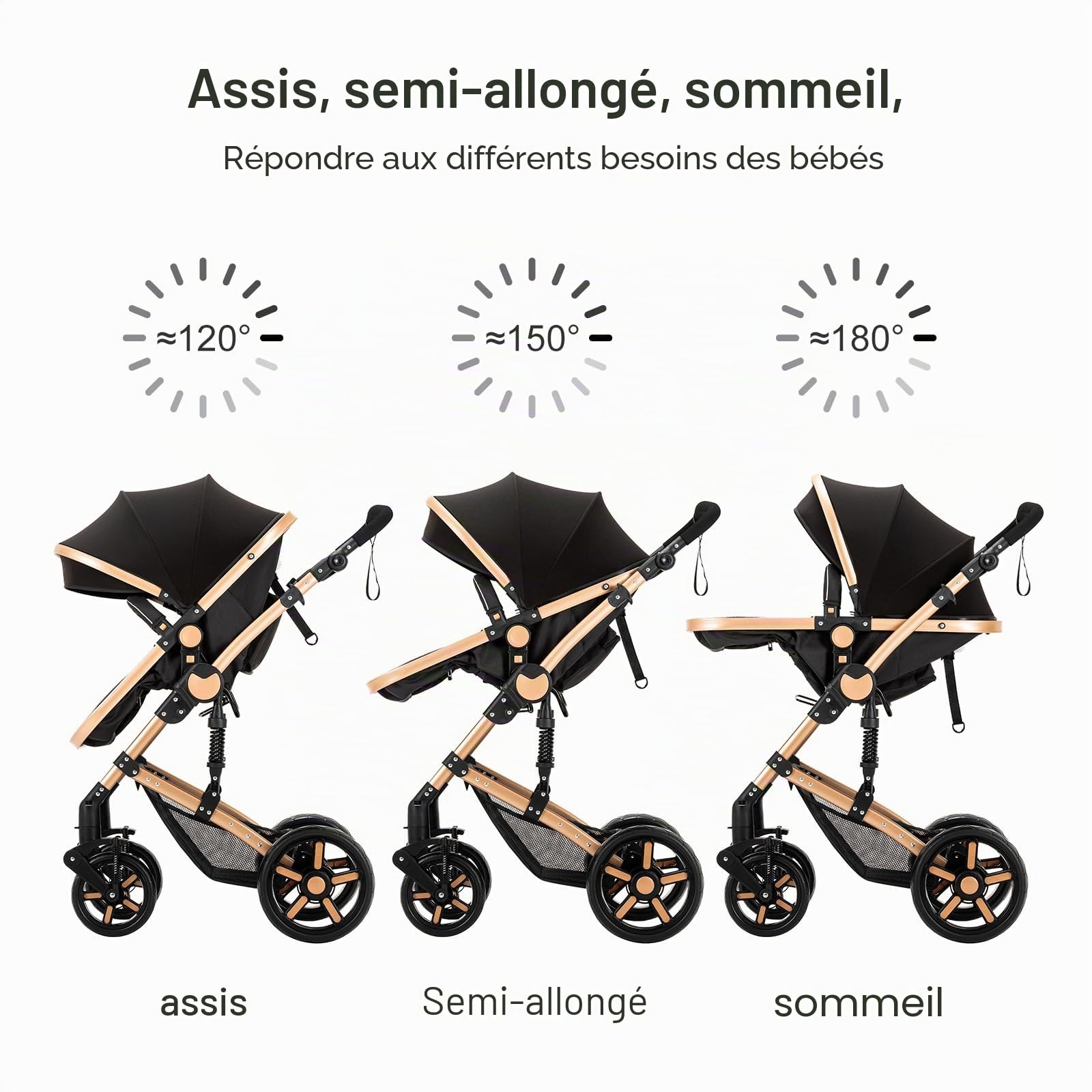 Poussette 3 en 1 Pour Bébé Avec Couffin Réversible, Poussette de Voyage Compacte et Portable,Ensemble de Chariot de Voyage Léger(BLACK)