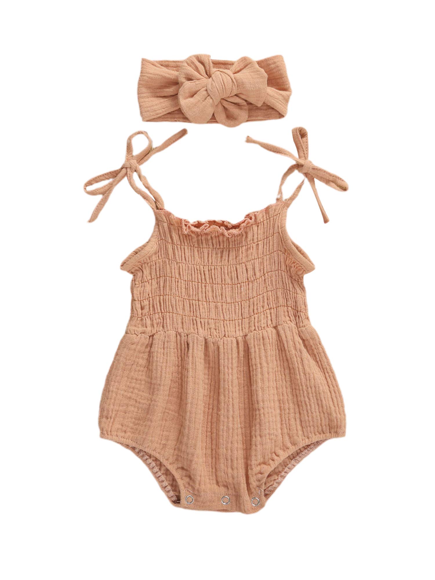 Infant Toddler Baby Girl Romper Halter Solid Bodysuit One Piece Jumpsuit Onesie with Headband 2Pcs Summer Clothes Outfit (Khaki, 0-6 Months)